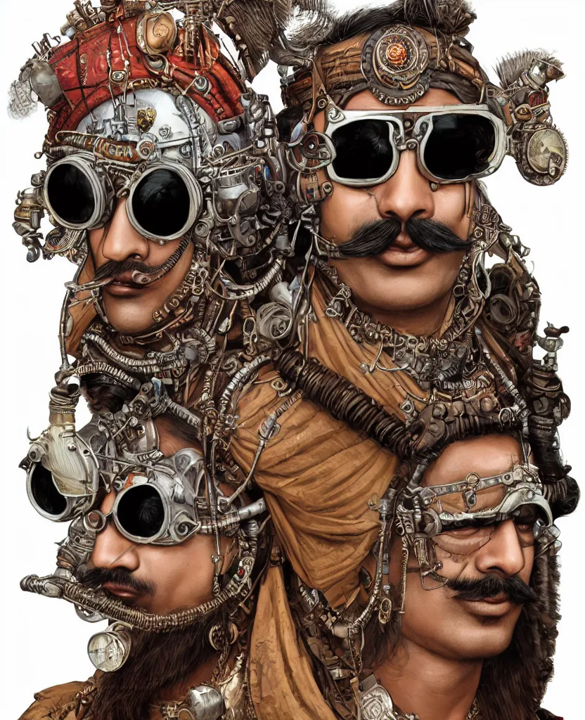 Image similar to face portrait of an indian man with long kawai moustache rajasthani headgear wearing madmax style steampunk goggles and steampunk jewelry, art by peter mohrbacher and craig mullins, sticker, isolated on white background, colorful, illustration, highly detailed, simple, smooth and clean vector curves, no jagged lines, hyperrealistic, digital painting, cgsociety, artstation, smooth