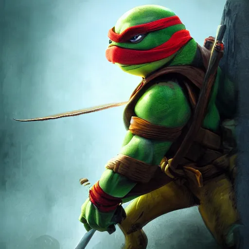 Image similar to teenage mutant ninja turtle, handsome, portrait, intricate, detailed, volumetric lighting, scenery, digital painting, highly detailed, artstation, sharp focus, illustration, concept art, ruan jia, steve mccurry