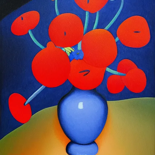 Image similar to a painting of a blue vase with red flowers, a gouache by tarsila do amaral, pixabay contest winner, cloisonnism, acrylic art, oil on canvas, detailed painting