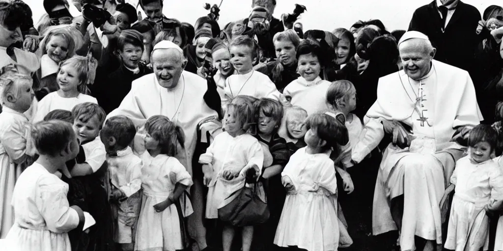 Prompt: John Paul II with a smirk on his face surrounded by children