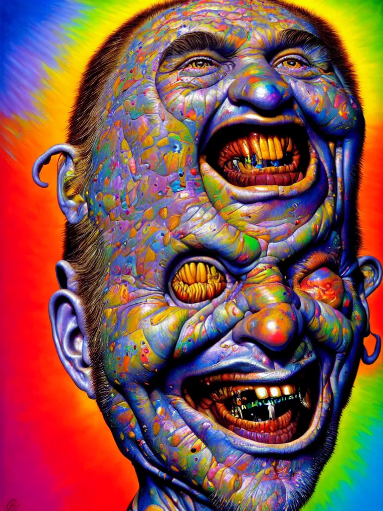 Prompt: hyper realistic painting, head of braco the gazer floating and laughing maniacally, outer glow, symmetrical by chuck close, lisa frank, simon bisley, and richard corben, very intense, depth of field, depth perception, hyperdetailed, rich deep vivid colours, sharp focus, dramatic lighting