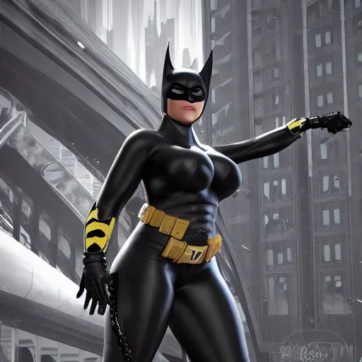 Image similar to big curvy batman woman, super realistic, super detailed, high octane, photorealistic, rendering 1 6 k, 8 k octane, unreal engine,