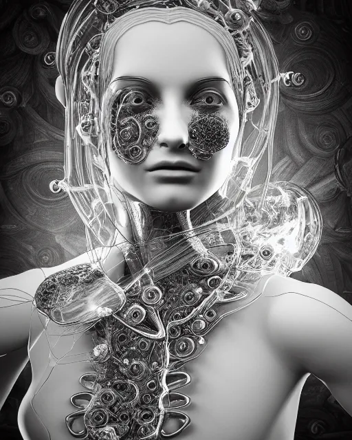 Image similar to mythical dreamy black and white organic bio - mechanical spinal ribbed profile face portrait detail of translucent steampunk beautiful female angelic - human - queen - vegetal - cyborg, highly detailed, intricate crystal ivy jelly ornate, poetic, translucent roses ornate, 3 d render, digital art, octane render, 8 k artistic photography, photo - realistic, by dora maar