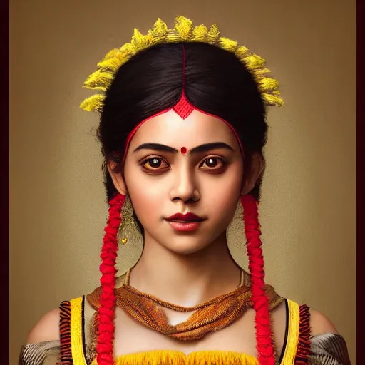 Image similar to beautiful young sita wearing bihu mekhela costume ; portrait by artgerm and tom bagshaw ; trending on artstation ; award winning, cinematic natural dramatic lighting, studio photography by annie leibovitz