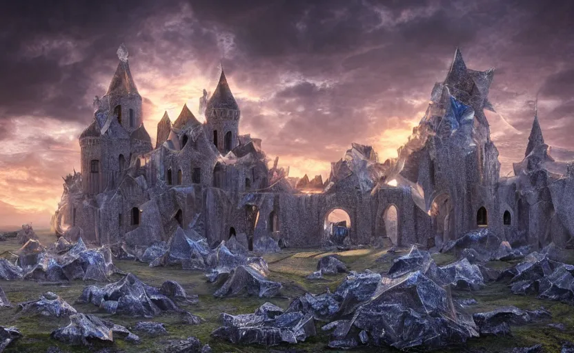 Image similar to medieval baroque castle made of crystal shards, epic landscape, iceland photography, cinematic, octane render, 8 k, art station, dramatic lighting, beautiful dusk sky, concept art, rococo, photo realistic, intense detail