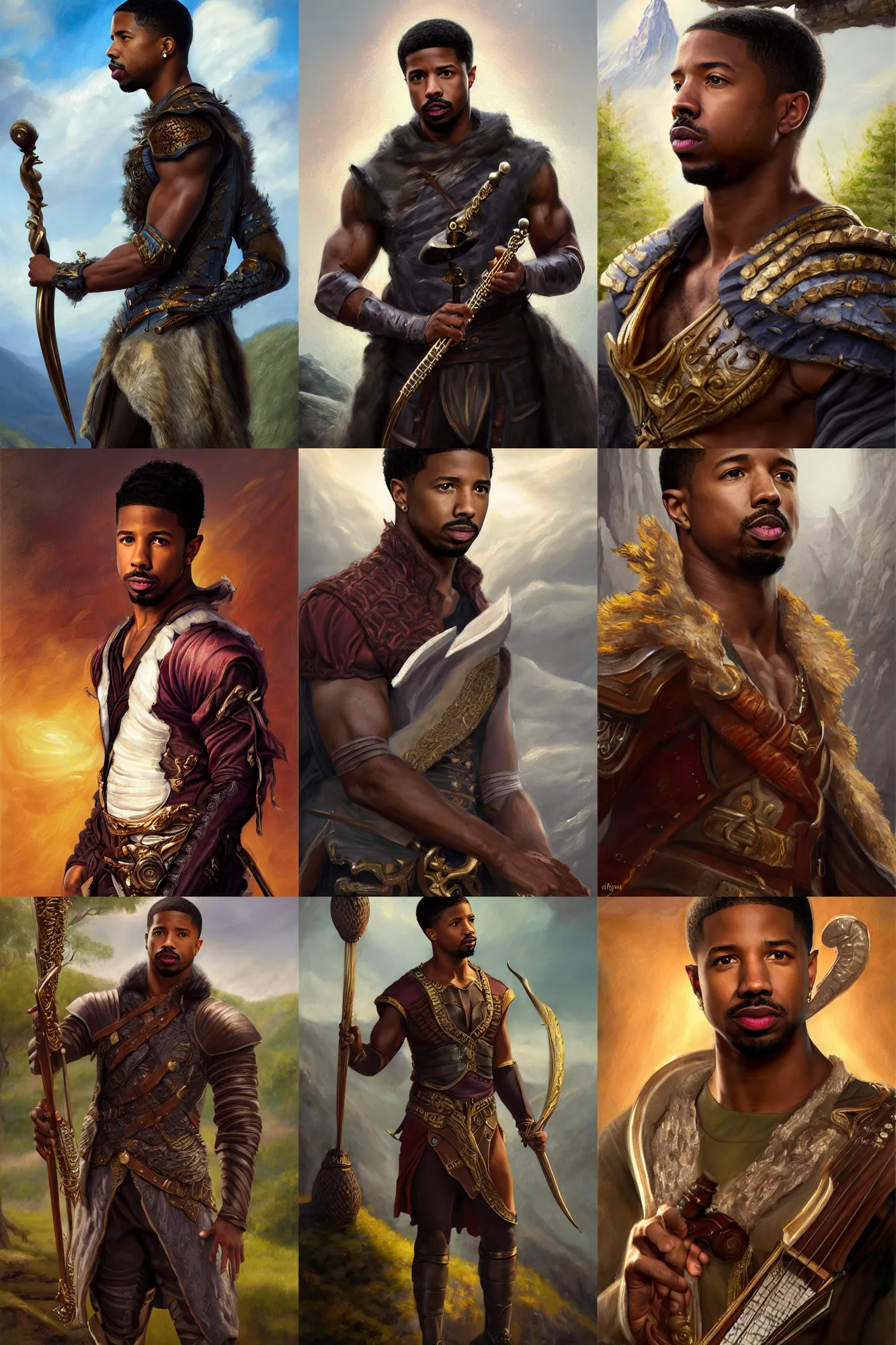 Image similar to a full body high detail fantasy portrait oil painting illustration of michael b. jordan as an elegant male bard by justin sweet with face and body clearly visible, in a scenic background, pupils visible, realistic proportions, d & d, rpg, forgotten realms, artstation trending, high quality, sombre mood, artstation trending, muted colours, entire person visible!