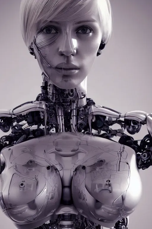 Image similar to robot with human face, female head, full body angle, woman human face, human face realistic, beautiful blonde hair, human head, human head with blonde hair, blonde hair human head, blonde hair, human realistic face, human head skin, cyborg frame concept, cyborg by ales-kotnik, sci-fi android female, the body is made of wires, robotic body, cyborg body, cyborg bust body, robot body cyborg, full body