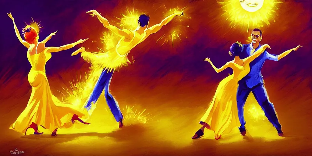 Prompt: The sun is exploding while Latino Cubans Dancers Salsa Dancing Gesture draw by Stanley Artgerm Lau, sun exploding on the background, Gesture draw, Salsa Social Dance, couple, lady using yellow dress, guy using the purple fancy suit, Salsa tricks, explosive background, WLOP, Rossdraws, Gesture draw, James Jean, Andrei Riabovitchev, Marc Simonetti, and Sakimichan, trending on artstation