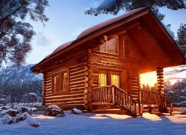 Prompt: “A log cabin in the snowy mountains. Golden hour. Matte painting. Large lake. High quality. Photorealistic. 4k”