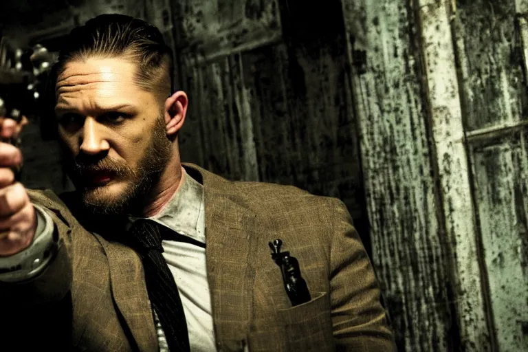 Prompt: film still of Tom Hardy as Max Payne in a creepy funhouse in the Max Payne movie, 4k