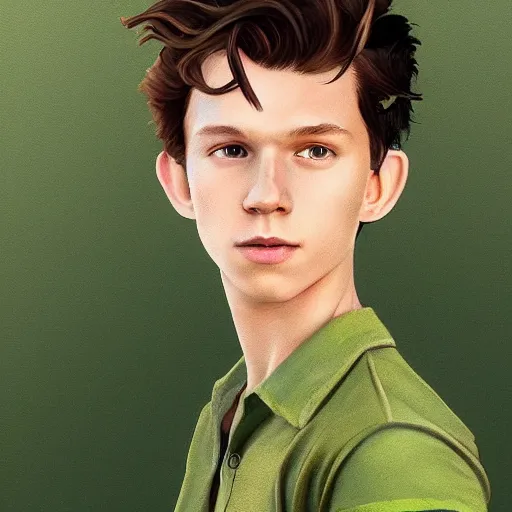 Prompt: Tom Holland as peter pan,brown eyes,green shirt,detailed, 8k hd,by rossdraws and greg rutkowski,in the style of a Instagram profile picture