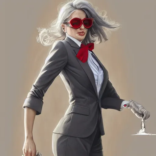 Prompt: a girl wearing a business suit, grey hair, red necktie, sunglasses, cinematic, stunning, highly detailed, digital painting, artstation, smooth, hard focus, full body shot, illustration, art by artgerm and greg rutkowski and alphonse mucha