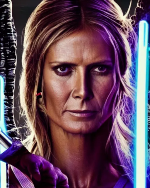 Image similar to heidi klum as a jedi with ripped and damaged clothes holding a purple lightsaber in her hands, very dark background, official star wars episode xii movie poster, perfect symmetrical face, moody lighting, 8 k, shallow depth of field, intricate detail,