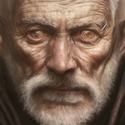 Prompt: portrait painting of an old man in sorrow, staring at the underworld, ultra realistic, concept art, intricate details, eerie, highly detailed, photorealistic, octane render, 8 k, unreal engine. art by artgerm and greg rutkowski and alphonse mucha