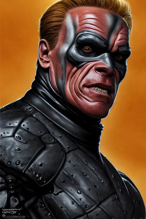 Image similar to arnold schwarzenegger as a cenobite, highly detailed, d & d, fantasy, highly detailed, digital painting, trending on artstation, concept art, sharp focus, illustration, global illumination, ray tracing, realistic shaded, art by artgerm and greg rutkowski and fuji choko and viktoria gavrilenko and hoang lap, sunny