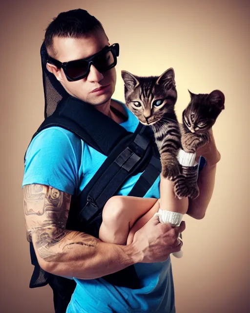 Prompt: badass muscular gangsta wearing baby sling with kitten in it without baby, sunglasses, studio portrait, golden ratio, backlit