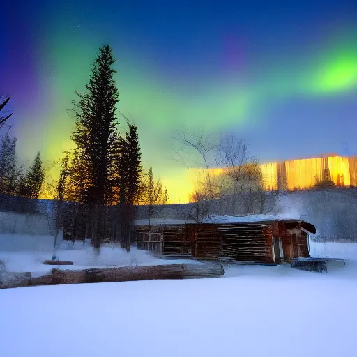 Prompt: log cabin and the northern lights hq