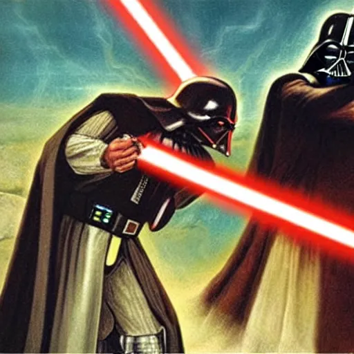 Prompt: biblical picture of darth Vader striking Jesus down with a light-saber