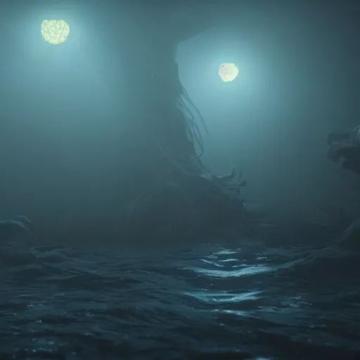 Prompt: THE HORROR BELOW THE SEA, horror, ocean, octane rendered, 4k UHD, darkness, Lovecraft