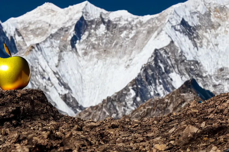 Prompt: a golden apple is sitting on the peak of mount everest, clear focus, bokeh effect, high res