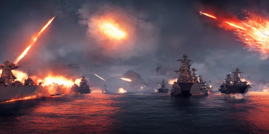 Prompt: a naval battle far away with battleships and torpedoes in the night with fire and bullet tracers flying and black smoke, octane render, hyper-realistic, 8k, 4k, insanely detailed intricate, high detail, high definition, photorealistic,