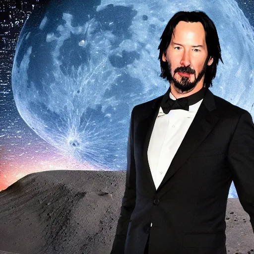 Image similar to keanu reeves at the age of 3 4 wearing a tron legacy suit, in the surface of the moon behind you can see the milky way