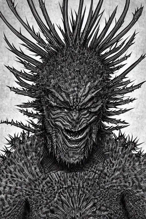 Image similar to thistle monster heavily armoured, symmetrical, highly detailed, digital art, needles, thorns, sharp focus, trending on art station, kentaro miura manga art style