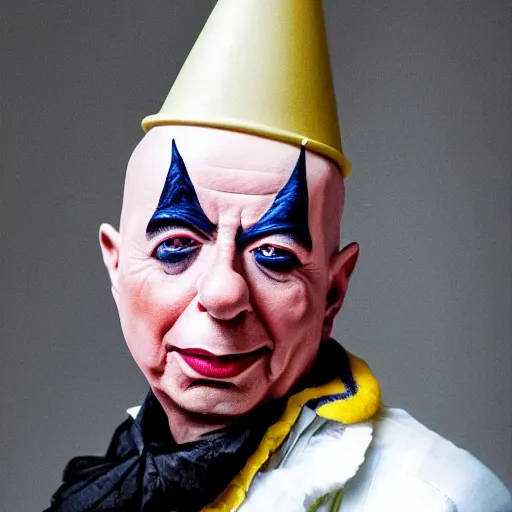 Image similar to UHD candid photo of Klaus Schwab dressed as flamboyant emperor wearing dunce cap, wearing extremely accurate clown makeup, accurate face, UHD, photorealistic, correct face, photo by Annie Leibowitz