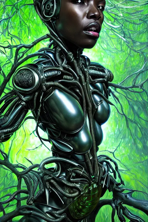 Image similar to hyperrealistic post - baroque super expressive! black woman with exoskeleton armor, merging with tree in a forest, highly detailed digital art masterpiece smooth cam de leon eric zener dramatic pearlescent blue green light ground angle hd 8 k sharp focus