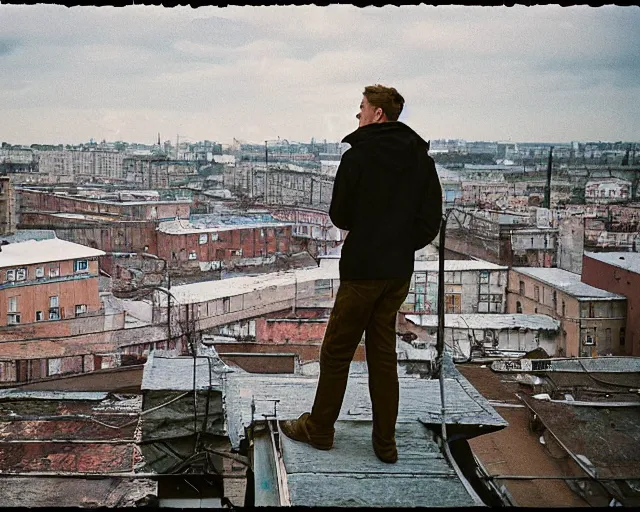 Image similar to lomo photo of man standing on the roof of soviet hrushevka, small town, cinestill, bokeh, out of focus