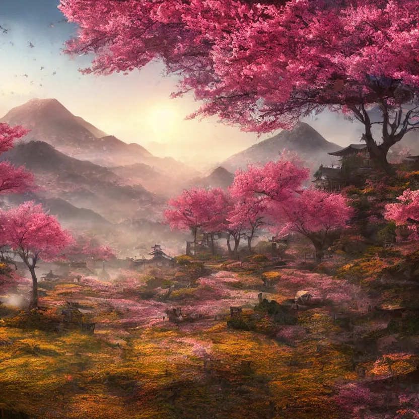 Image similar to old empty samurai city surrounded by sakura trees, beautiful valley and mountains with forest, sunrise matte painting, digital art, artistation