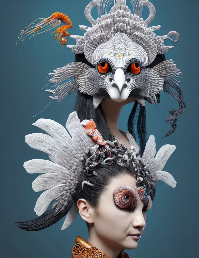 Image similar to 3 d goddess close - up profile portrait biomechanics with ram skull. beautiful intricately detailed japanese crow kitsune mask and clasical japanese kimono. betta fish, jellyfish phoenix, bio luminescent, plasma, ice, water, wind, creature, artwork by tooth wu and wlop and beeple and greg rutkowski