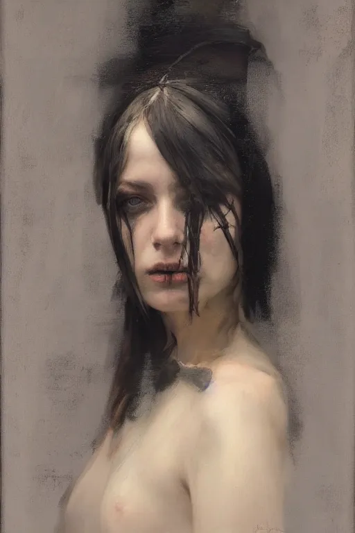 Image similar to Richard Schmid and Jeremy Lipking and Roberto Ferri full length portrait painting of a young beautiful evil fantasy priestess covered head in black except for face