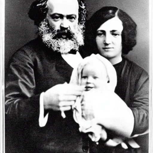 Image similar to Karl Marx and Ayn Rand holding baby, photo, 1920, hospital backround