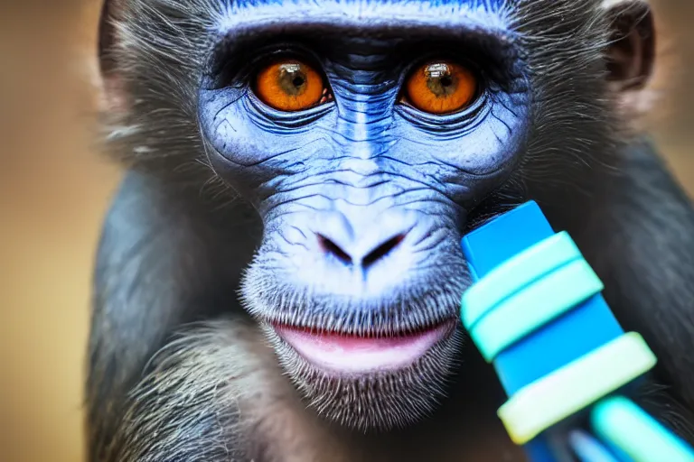 Prompt: photograph of a monkey holding a blue pen towards the camera, 4 k, full hd, highly detailed, close up