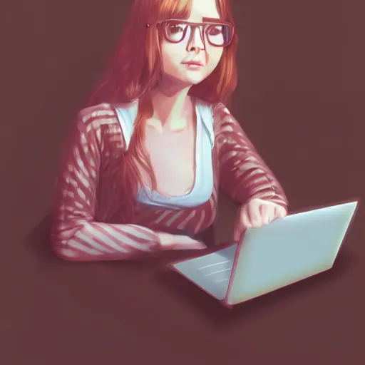 Prompt: girl in pyjamas working on computer, tired bags around eyes, digital art, drawing, artstation