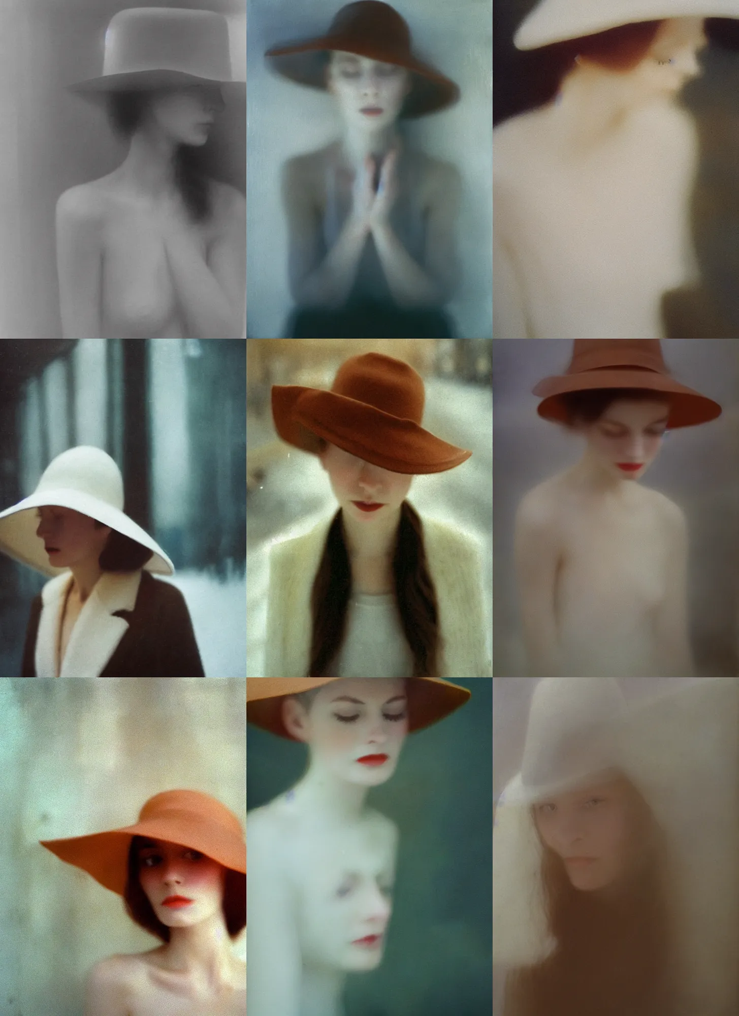 Prompt: out of focus photorealistic portrait of a beautiful aesthetic pale woman by saul leiter, very blurry, translucent white skin, closed eyes, foggy, with a copper hat