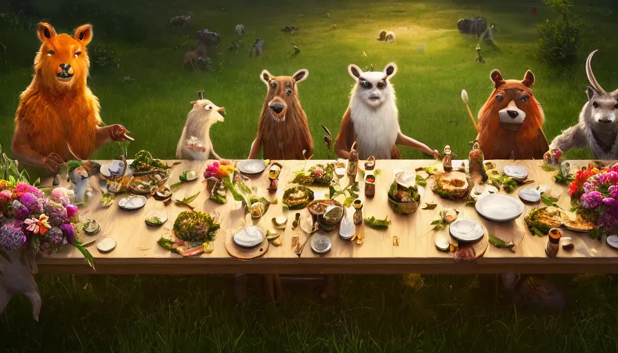 Prompt: a table dinner of animals where animals are dressed like the characters from the midsommar movie wearing flowers, realistic detailed digital art by maxwell boas jessica rossier christian dimitrov anton fadeev trending on artstation cgsociety rendered in unreal engine 4 k hq
