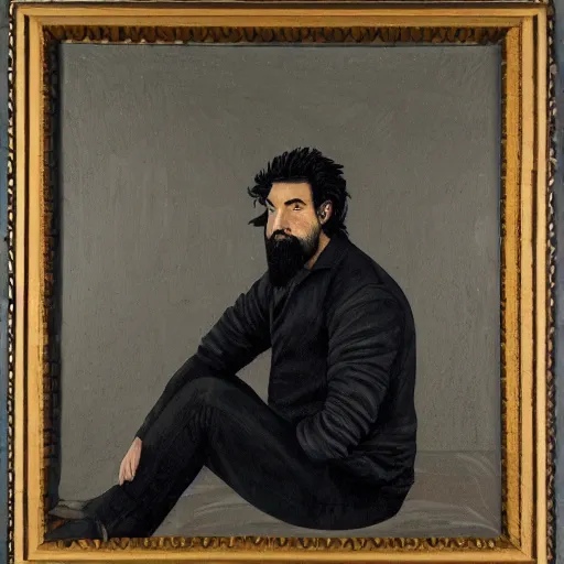 Image similar to a man with black hair and beard, wearing a black jacket, white shirt and jeans, sitting in an empty white room, devastated, highly detailed painting, 8 k