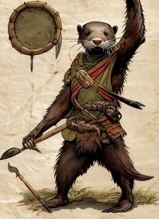 Prompt: a heroic otter scout with spear on a parchment background, redwall, greg rutowski and jean baptiste monge, detailed, epic fantasy concept art