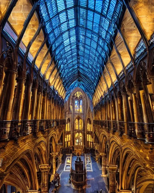 Image similar to a beautifulharry potter school of wizardry, beautiful architecture, low vantage point, cinematic photography, light rays, complex structure, incomprehensible scale