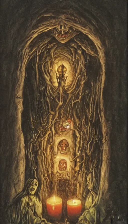 Prompt: dracula, gothic horror, by brian froud, candlelit catacombs