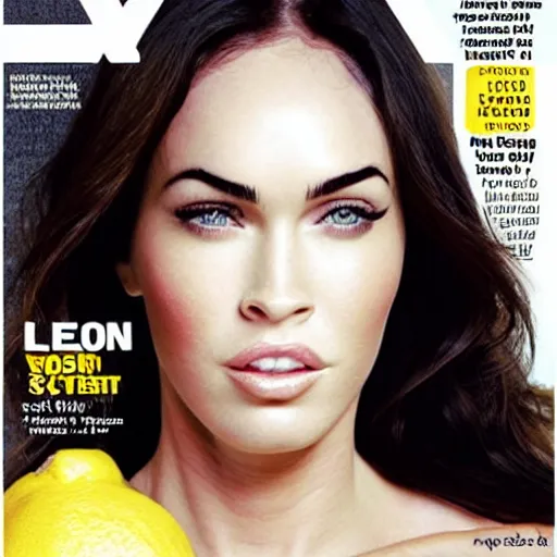 Prompt: “megan fox face skinned in lemon skin , photo real cover magazine”