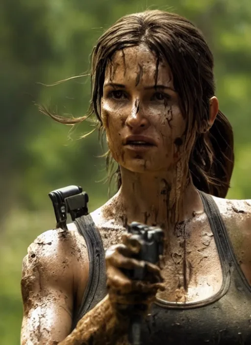 Image similar to a film still of lara croft as cop, her face muddy and sweat, direct sun light, close up potrait, cinematic,