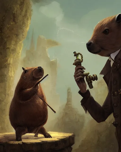 Image similar to oil painting of anthropomorphized capybara holding a pipe, steampunk clothes, close shot, full body, dark steampunk mine shaft background, sharp focus, fantasy style, octane render, volumetric lighting, 8k high definition, by greg rutkowski, highly detailed, trending on art Station, dungeons and dragons artwork, centered