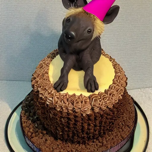 Prompt: a birthday cake with a hyena sitting on top