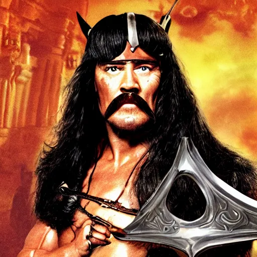 Image similar to conan the barbarian but he has a big moustache and he's at the opera