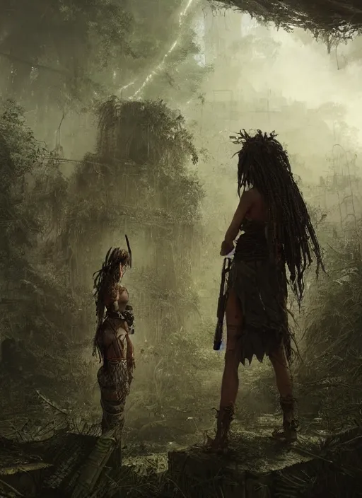 Image similar to a tribal woman and a soldier discovering a post apocalyptic city overgrown with lush vegetation, by Luis Royo, by Greg Rutkowski, dark, gritty, intricate, backlit, strong rimlight, cover illustration, concept art, volumetric lighting, volumetric atmosphere, sharp focus, octane render, trending on artstation, 8k