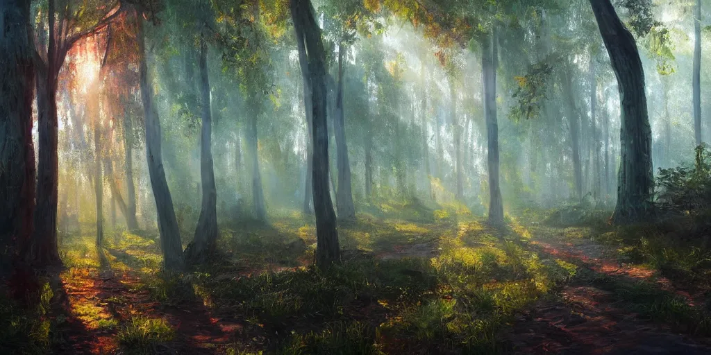 Image similar to An oil painting of an intensely beautiful forest in the morning with straight vertical trees; rays of light coming through the canopy; trending on artstation; extraordinary masterpiece!!!!!!; 8k; haunting beauty