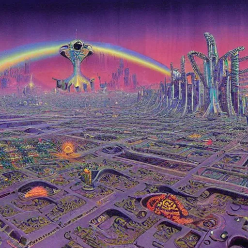 Prompt: psychedelic robot machine city, art by Tim Hildebrandt, Wayne Barlowe, Bruce Pennington